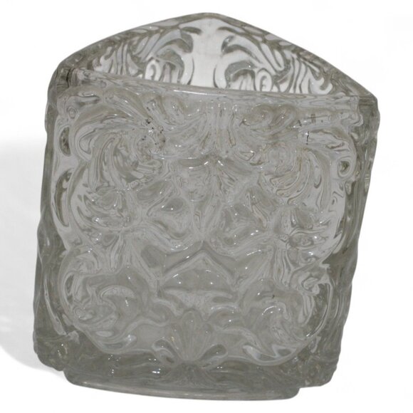 Vintage Avon Clear Glass Triangle Vase With Intricate Embossed Floral & Scroll D - Picture 3 of 6